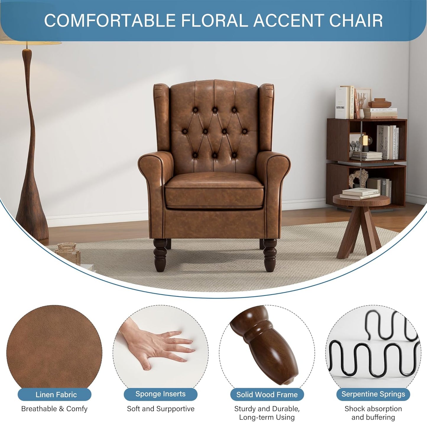 UIXE Faux Leather Accent Chairs Set of 2, High Back Upholstered Armchair for Living Room, Wingback Tufted Arm Chair Comfy Single Sofa Bedroom Reading Seat with Solid Wood Legs - Brown