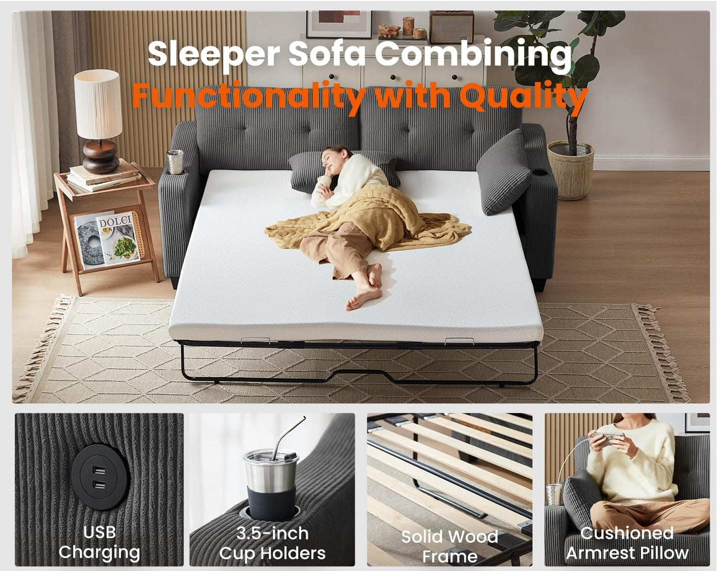 Pull Out Sofa Bed, Full Size Sleeper Sofa, 2-in-1 Convertible Corduroy Couch with USB Charging, Memory Form Couch for Living Room, Apartment and Small Space (Dark Grey, Corduroy - Queen Size)