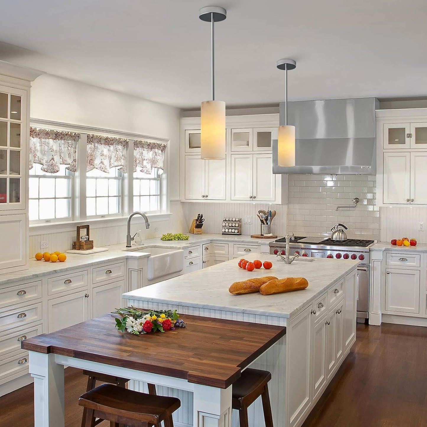 Alabaster Pendant Lights Kitchen Island, Nickel Hand Carved Alabaster Cylinder Pendent, Spanish Natural Marble Light Pendant for Bedroom Bathroom Dining Room Living Room- 3 PC