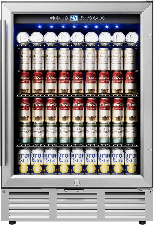 24 Inch Beverage Refrigerator, Beverage Cooler 180 Can Built-in Design, Under Counter Beer Fridge with Glass Door for Soda, Wine, Water - For Kitchen, Office or Bar