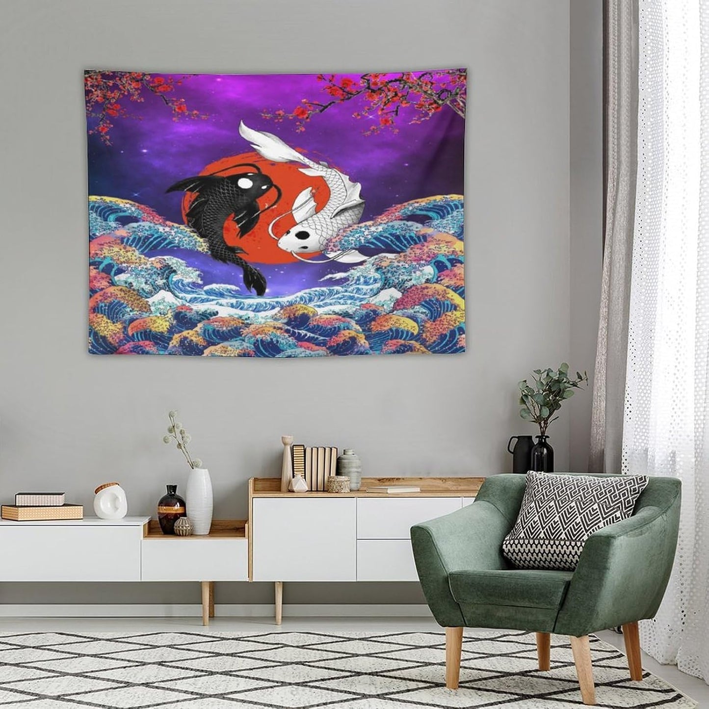 Houselerax Japanese Koi Fish Tapestry, Yin Yang Big Wave Cherry Blossom Tapestries Wall Hanging for Bedroom Living Room Office Decor 40"x30"