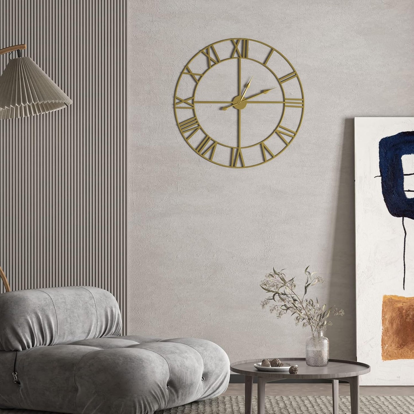 LEIKE Large Modern Wall Clocks,24" Gold Metal,Rustic,Round,Silent Non Ticking,Battery Operated Roman Numerals Clock for Living Room/Bedroom/Kitchen Wall Decor-(Gold, 60cm)