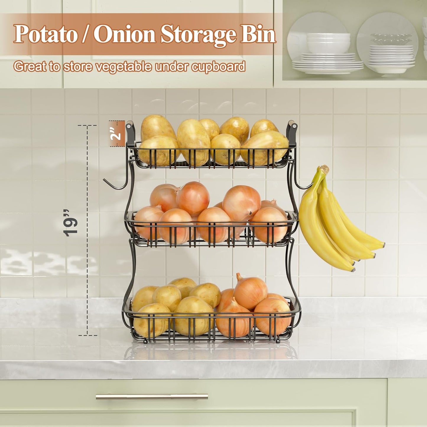 3 Tier Fruit Basket for Kitchen Counter, Fruit Bowl with 2 Banana Hooks Mesh Top, Multifunctional Detachable Sturdy Kitchen Storage Organizer for Vegetables Snacks Onion Potato, Black