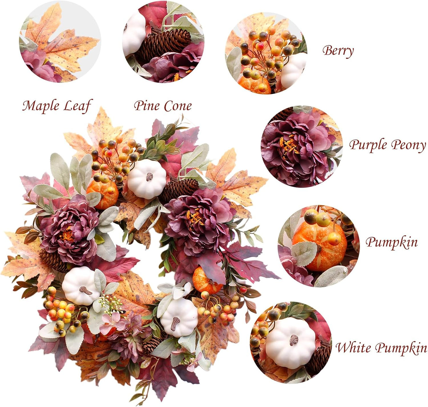 20Inch Fall Wreaths for Front Door,Fall Wreath,Fall Decorations for Home,Autumn Wreaths with White Pumpkins Peony Pine Cones, Fall Door Wreath for Thanksgiving Halloween Indoor Outdoor Decor