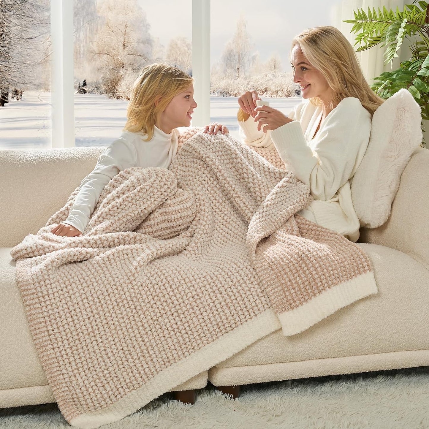 Snuggle Sac Cream Waffle Blanket for Couch Bed Sofa 60x80 inches, Reversible Beige Soft Throw Microfiber Fluffy Fuzzy Cozy Knit Twin Blanket for Women Mothers Birthday Gifts
