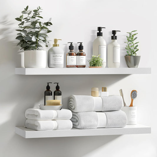 LaVie Home Floating Shelves, 24 Inch Wall Shelf Set of 2, Hanging Shelf with Invisible Brackets, Wall Decor for Bathroom, Bedroom, Living Room, Kitchen Storage, Modern White