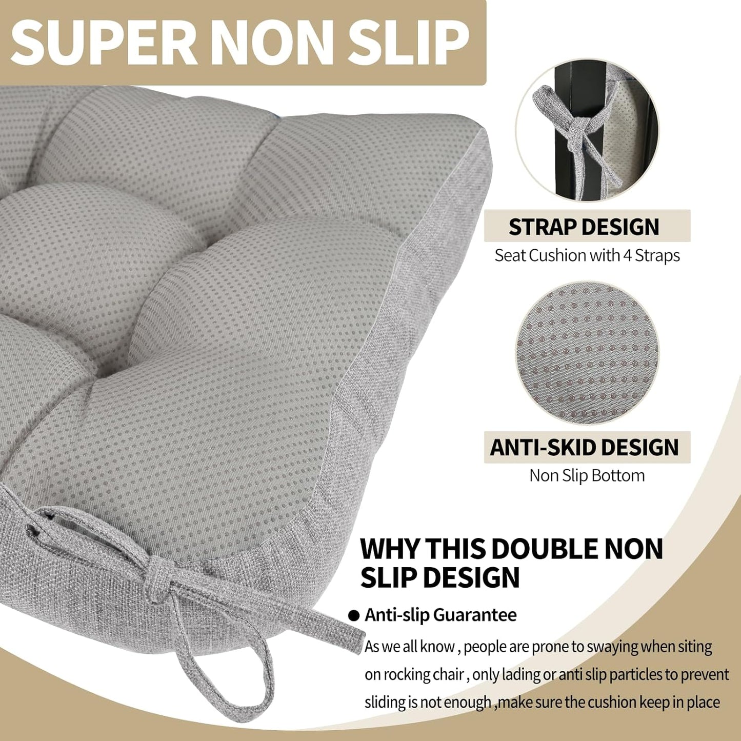 BUYUE Chair Cushion Set for Rocking Chair, Back Pillow & Seat Cushion with Ties, Original Woven Fabric Non-Slip Chair Pads for Elderly Sitting, Light Gray