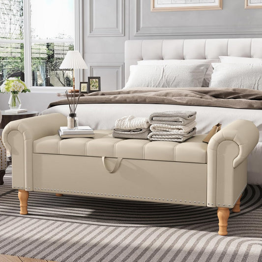 Apicizon 51”Storage Ottoman Bench, Soft Faux Leather Indoor Bench with Rolled Arm and Vintage Rivets, Large Storage Chest for Bedroom, Living Room, Entryway，Beige+Natural Legs