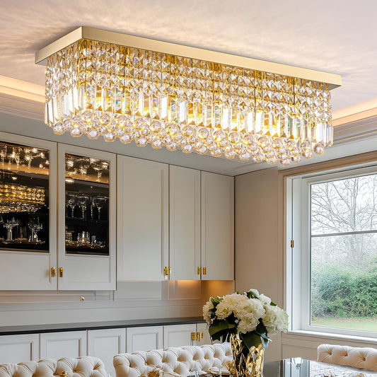 Modern Crystal Chandelier, 6 Lights Luxury Gold Rectangular Flush Mount Ceiling Light, Dining Room Light Fixture, Rectangle K9 Crystal Raindrop Chandelier for Living Room Bedroom L31.5 Inch