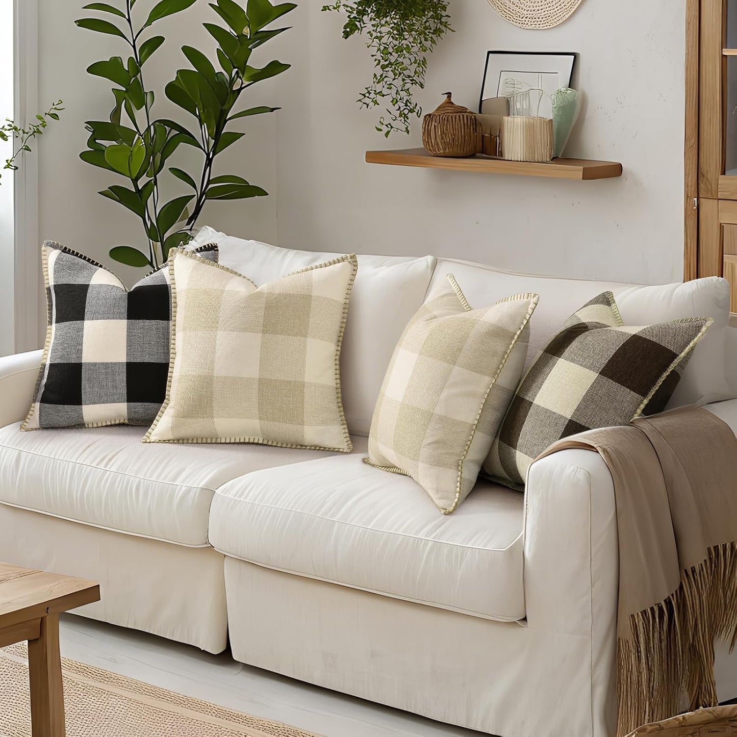 decorUhome Buffalo Plaid Check Throw Pillow Covers 22x22 Set of 2, Outdoor Decorative Farmhouse Neutral Pillow Covers with Stitched Edge for Bed Couch Sofa, Brown and Beige