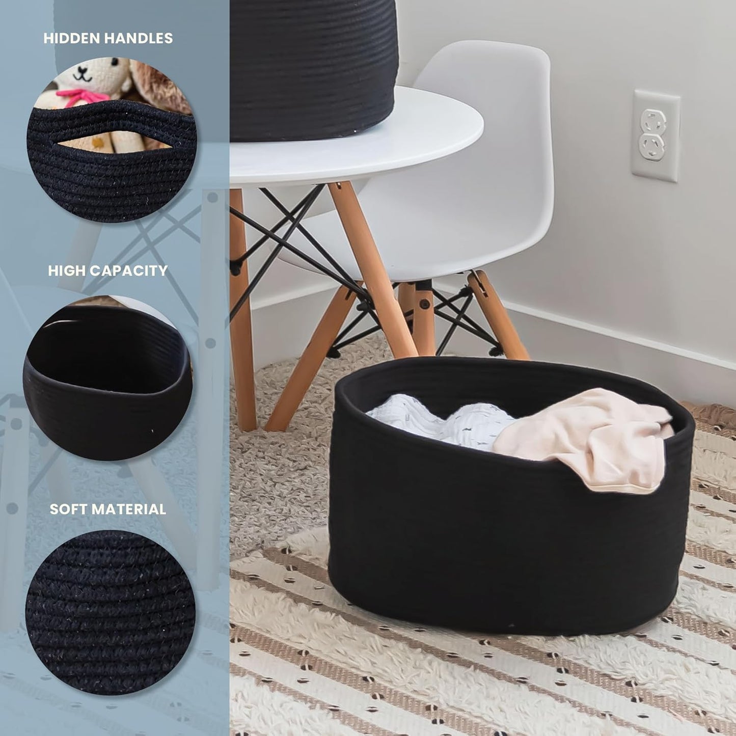 OrganiHaus Woven Storage Baskets for Organizing, Cotton Rope Organizer Bins for Shelves, Closet & Nursery, Dog Toy Basket, Decorative Bins for Toys, Towels & Books - 15x10x9, Black