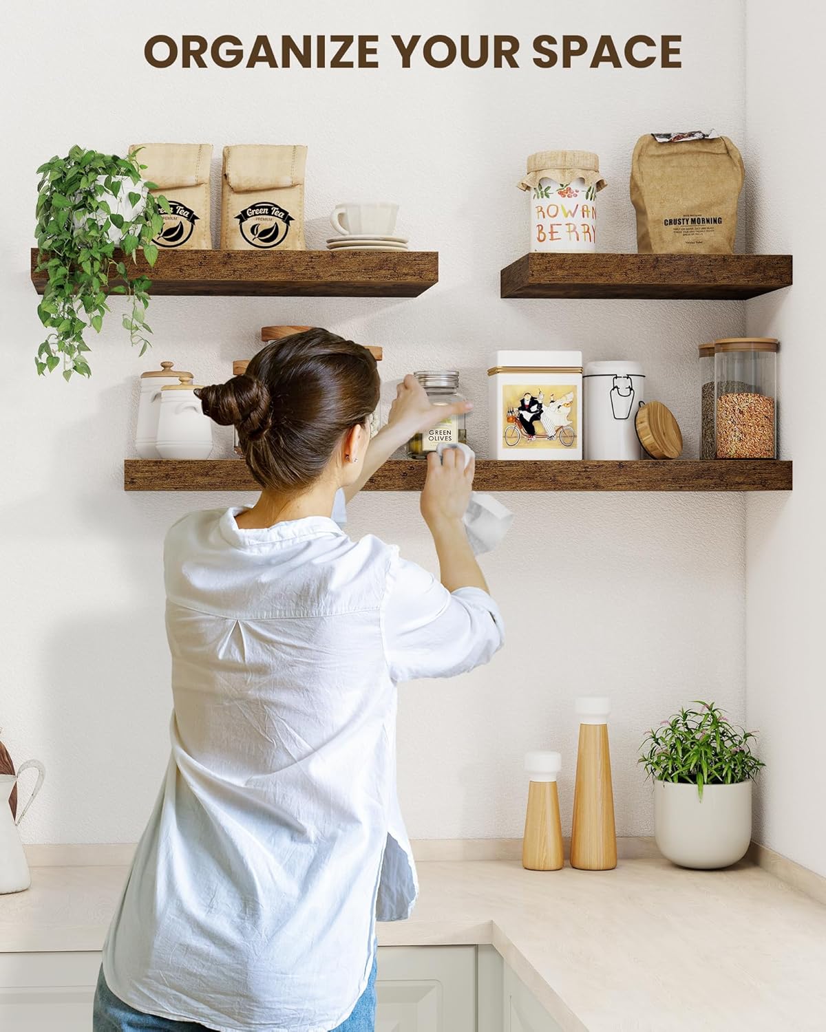 Marsmiles 16" Floating Shelves for Wall, Wooden Shelves with Invisible Brackets Set of 2, Rustic Farmhouse Wall Mounted Shelf for Kitchen Bathroom Living Room Study, Rustic Brown