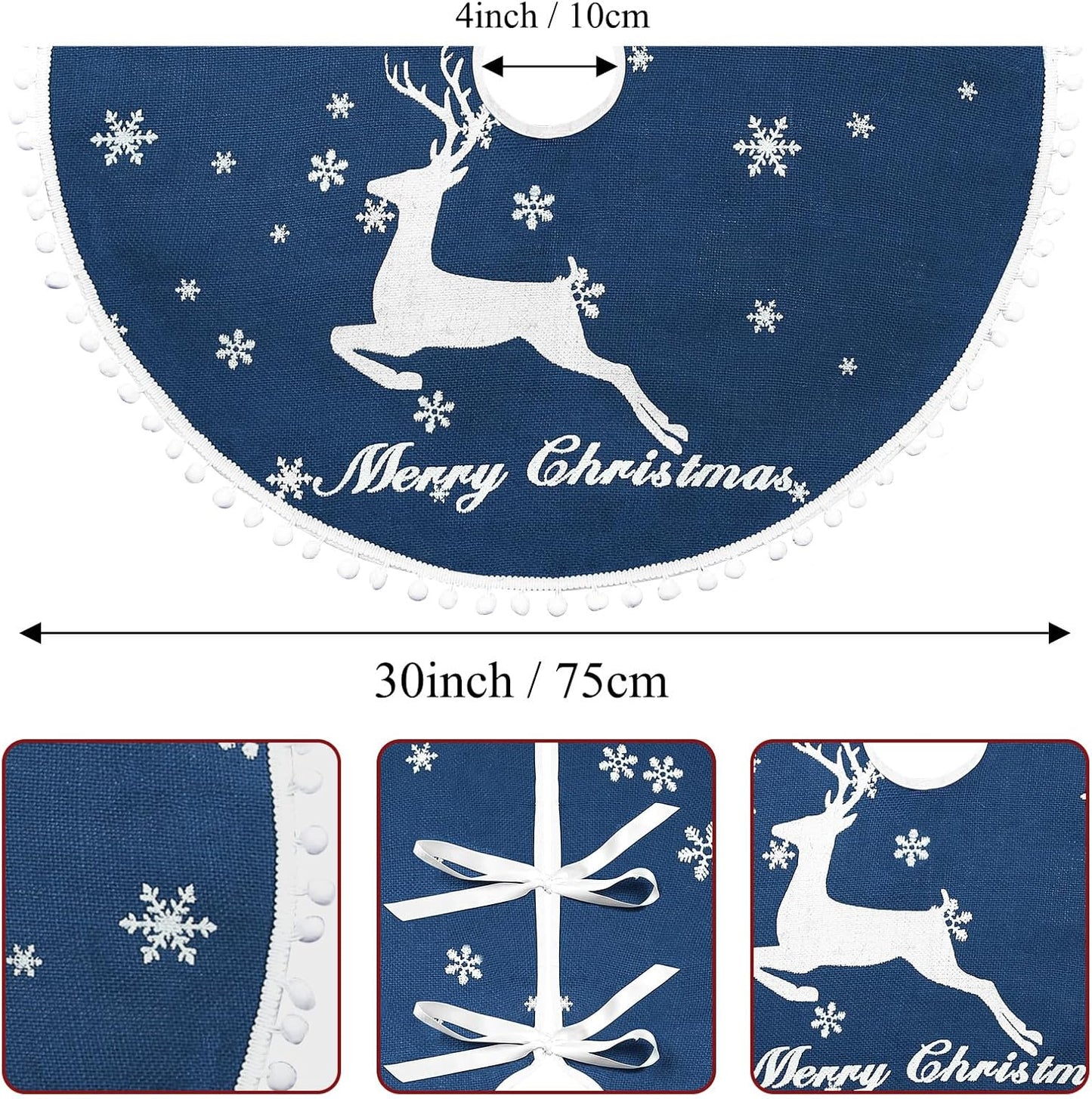 30 Inch Christmas Tree Skirt, Burlap Blue Christmas Rustic Tree Skirt with Elk Deer and White Snowflake Printed for Holiday Party Xmas Tree Decoration