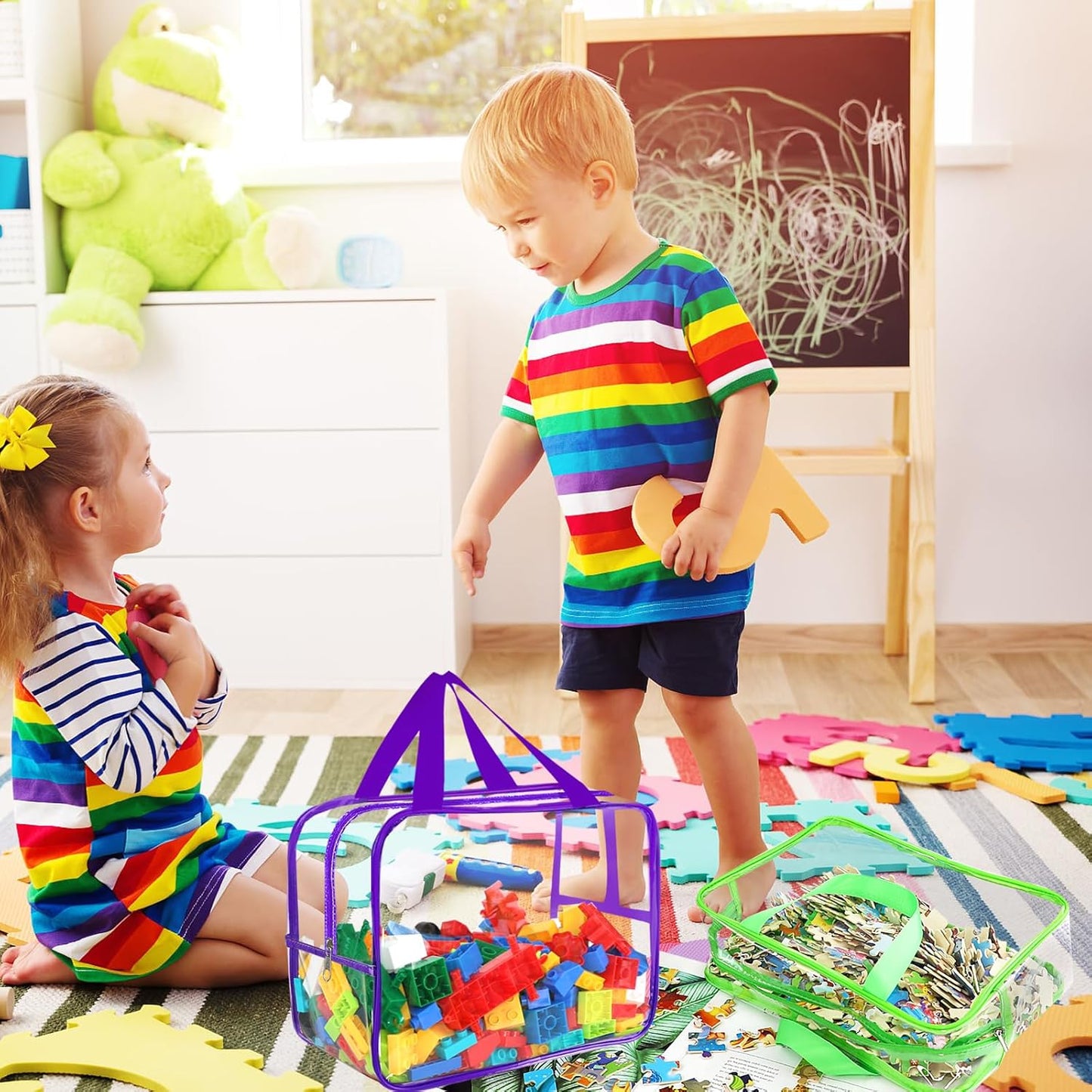 6 Colors Large Toy Storage Bags with Labels, Reusable Clear PVC Board Game Storage, Travel Waterproof Organizer Bags with Zipper for Building Blocks, Puzzle, Kids Books(3 large & 3 Widen X-Large)