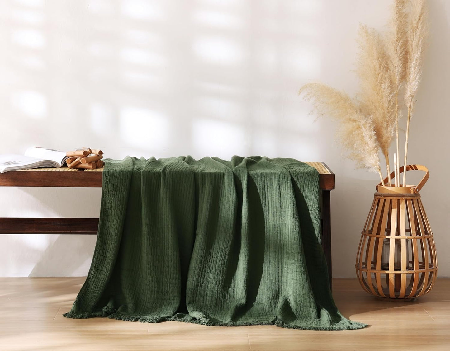 100% Cotton Muslin Throw Blanket for Bed, Couch, Small, Decorative, Soft, Pre-Washed, Breathable and Lightweight Gauze Blanket with Tassels, Suitable for All Seasons, Olive Green, 50"x60"
