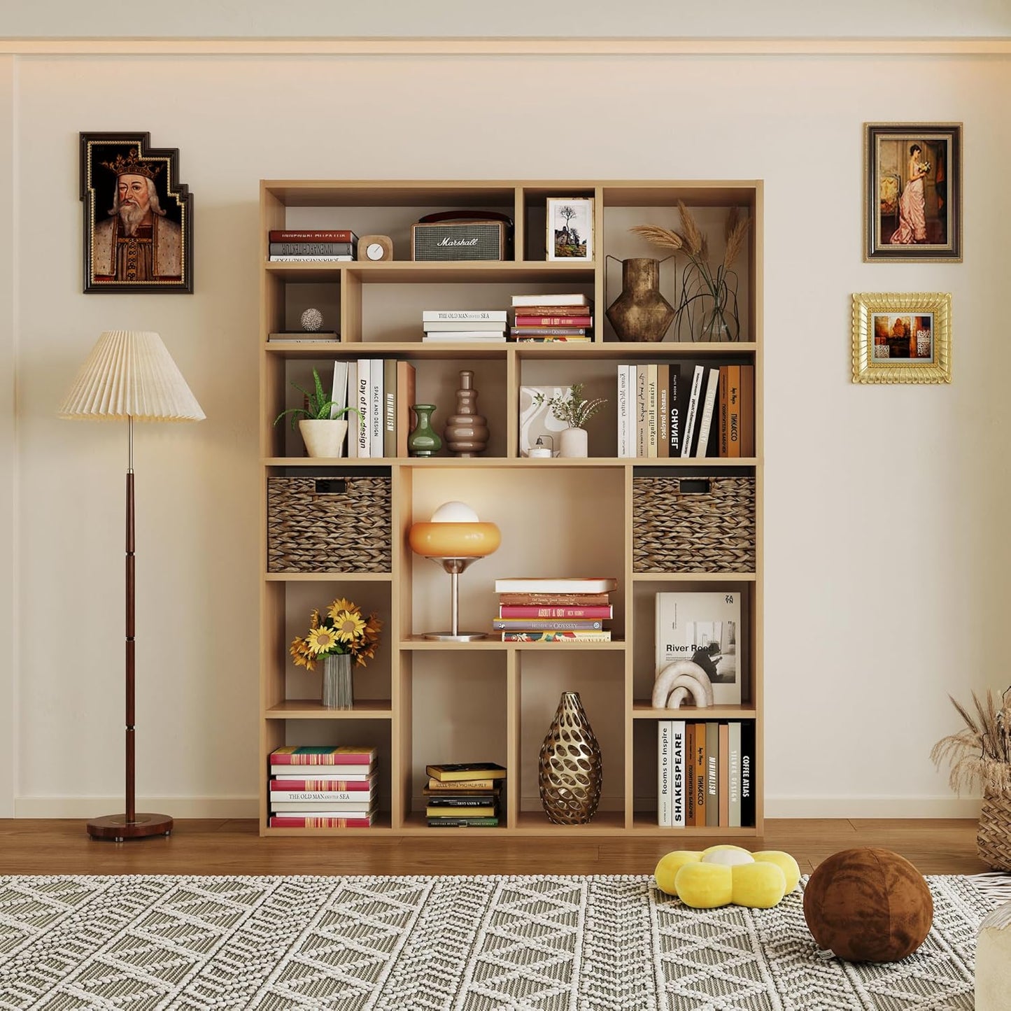 71" Tall 6-Tier Heavy Duty Bookcase with 2 Foldable Storage Baskets, 55" Wide Open Bookshelf with 16 Irregular Cubes for Living Room, Office （Yellow）