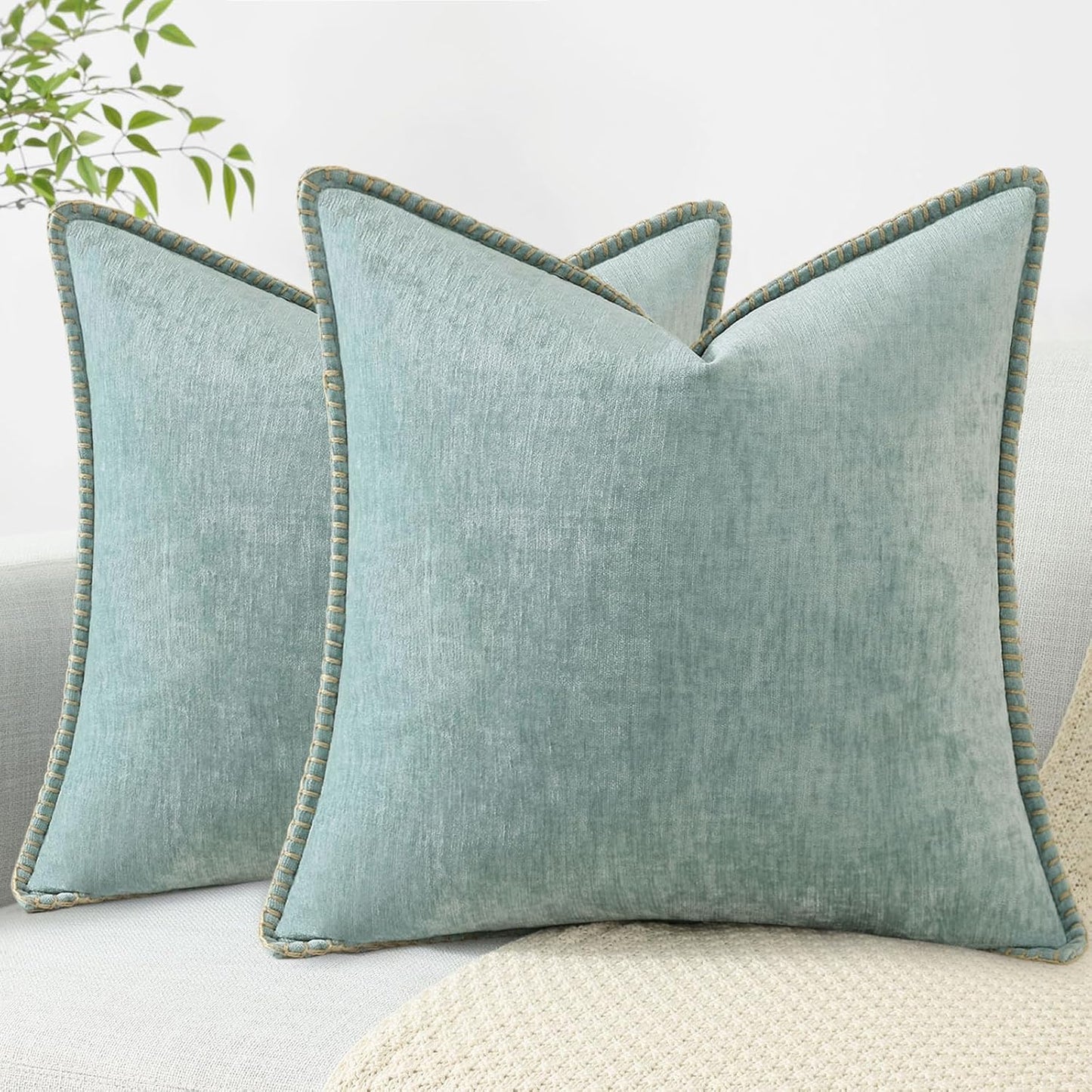 decorUhome Chenille Soft Throw Pillow Covers 20x20 Set of 2, Farmhouse Velvet Neutral Decorative Euro Pillow Covers with Stitched Edge for Couch Sofa Bed Home Decor, Aqua Haze