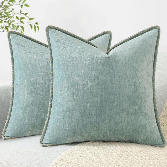 decorUhome Chenille Soft Throw Pillow Covers 24x24 Set of 2, Farmhouse Velvet Neutral Decorative Euro Pillow Covers with Stitched Edge for Couch Sofa Bed Home Decor, Aqua Haze
