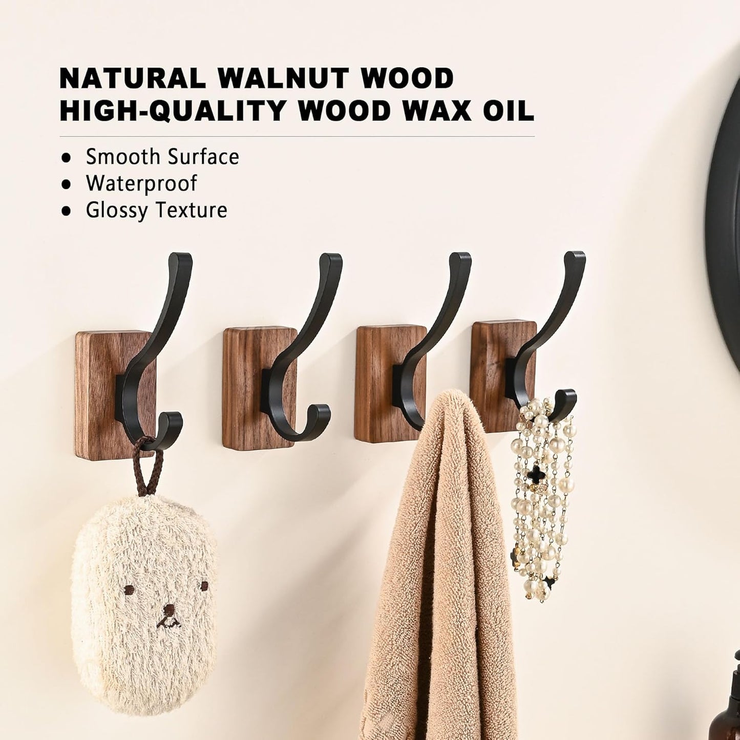 4 Pack Wooden Wall Hooks for Hanging, Adhesive Mounted & Wall Mount Nature Wood Coat Hooks for Towel Clothes Blanket Hat Backpack Robe Nursery Door Board Entryway Key Holder