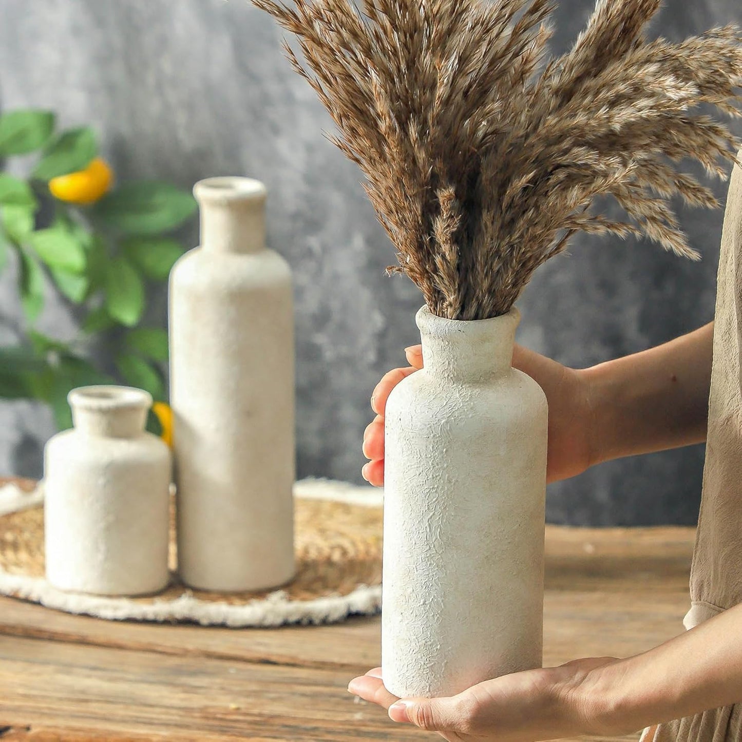 Ceramic Vases Set of 3, Whitewashed Neutral Flower Vases Home Decor, Pottery Rustic Farmhouse Decorative Vases Modern Decor for Table Mantel Entryway Bookshelf Living Room Kitchen Bedroom