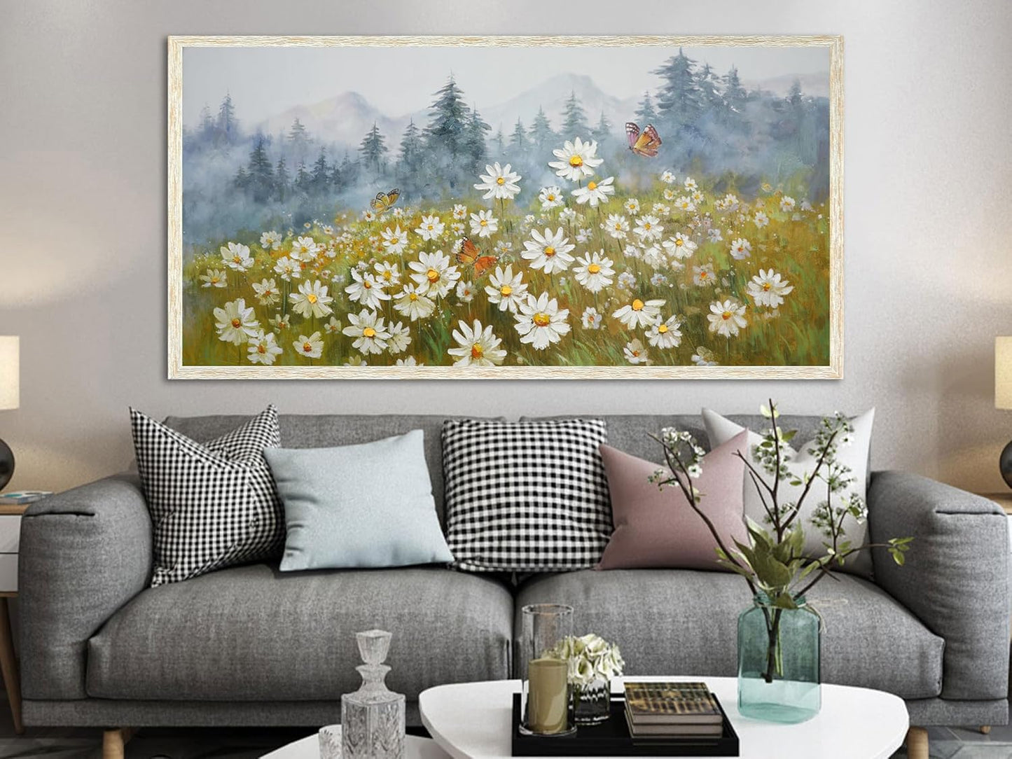 Arjun Flower Wall Art Canvas Landscape Daisy Painting Mountain Picture White Daisy Textured Floral Artwork for Living Room Bedroom Bathroom Office Home Wall Decor, Large Wood Grain Framed 48"x24"