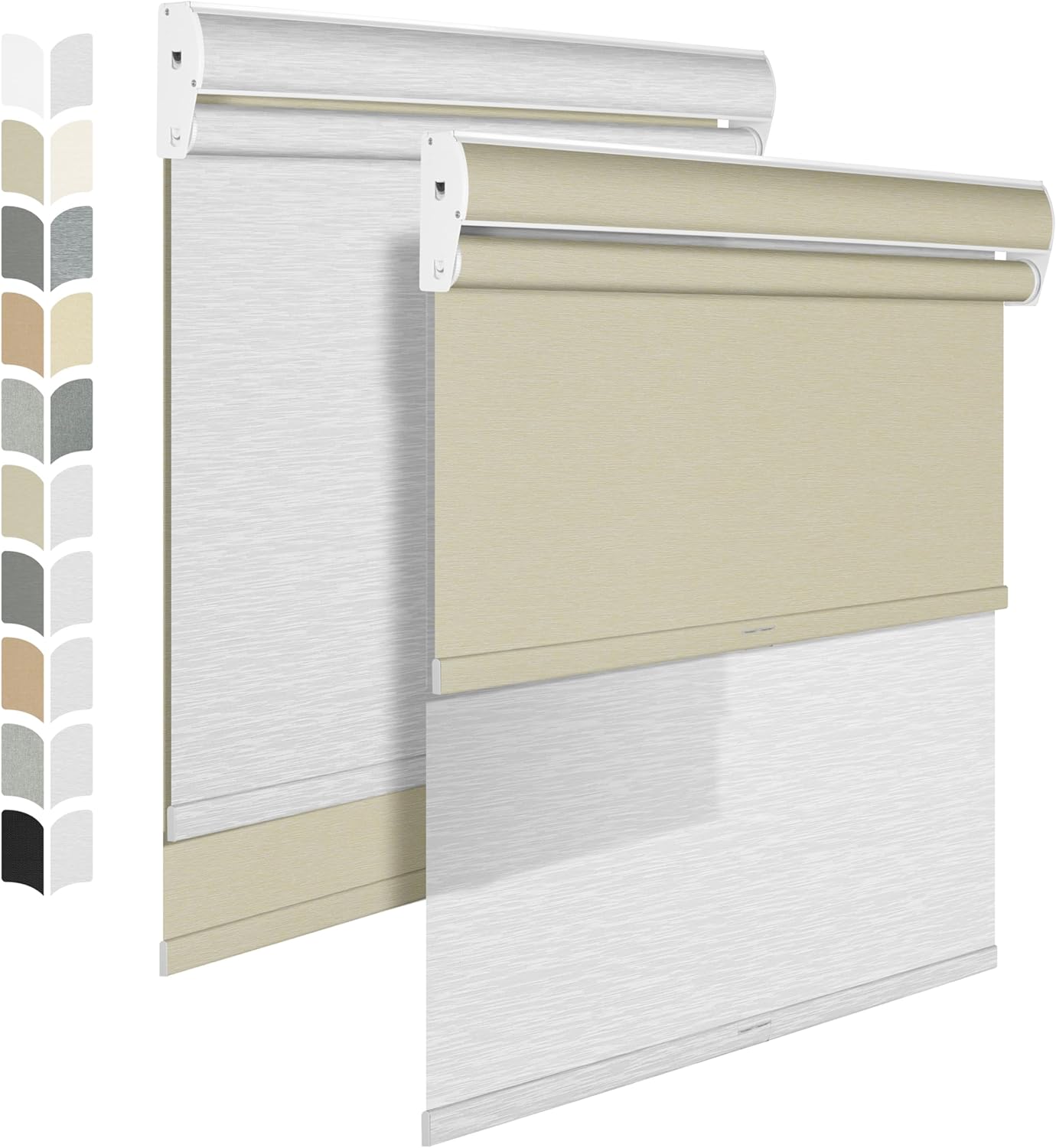 BERISSA Cordless Dual Roller Shades with Cassette Valance,Double Window Shades Blackout and Light Filtering Shades,Day and Night Roller Shades for Home Office Door.Beige and White.66 W x 86" H