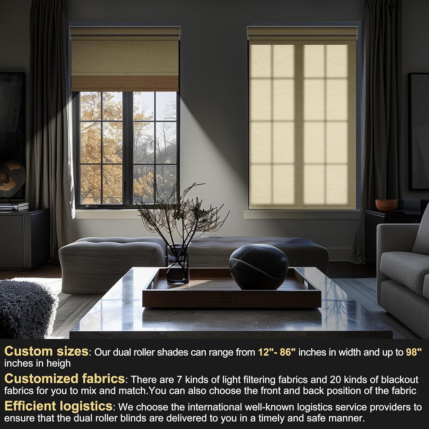 BERISSA Cordless Dual Roller Shades with Cassette Valance, Double Window Shades - Blackout and Light Filtering - Day and Night for Home Office Door, Linen Beige - 47 W x 86" H