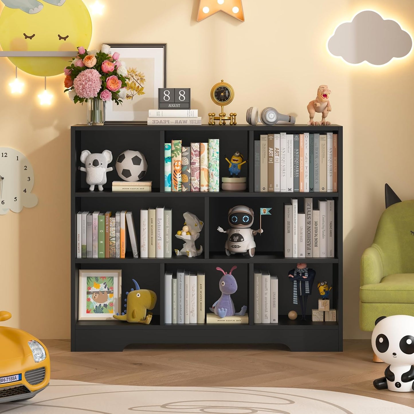 Book Shelf, 8 Cubes Storage Organizer, 3-Tier Open Shelf Wooden Bookcase, Freestanding Black Bookshelf Cube Shelf for Bedroom, Living Room, Home Office