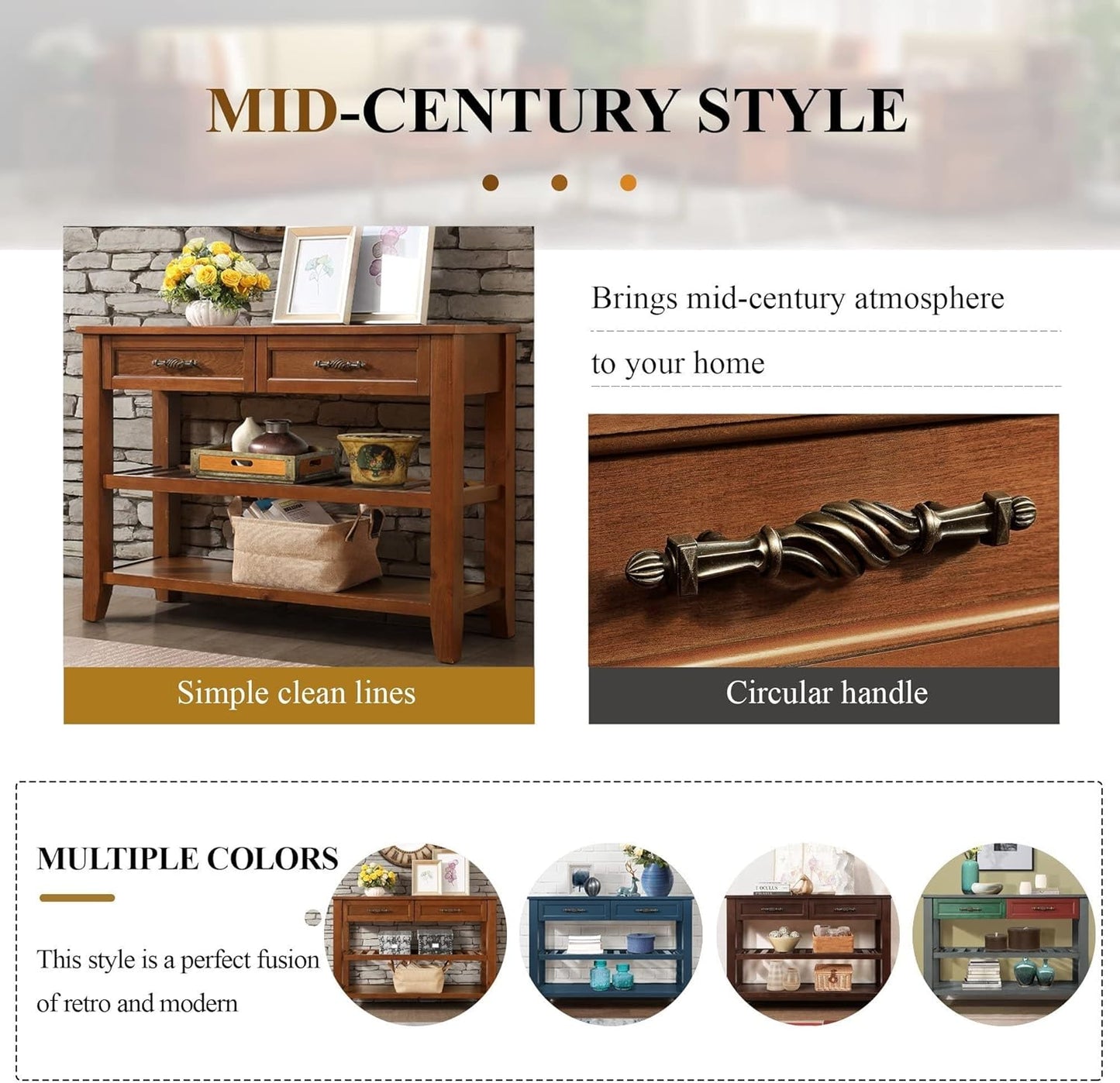 Solid Wood Console Table Entryway Table with Storage Drawers and Shelves Sofa Tables (42" Brown)