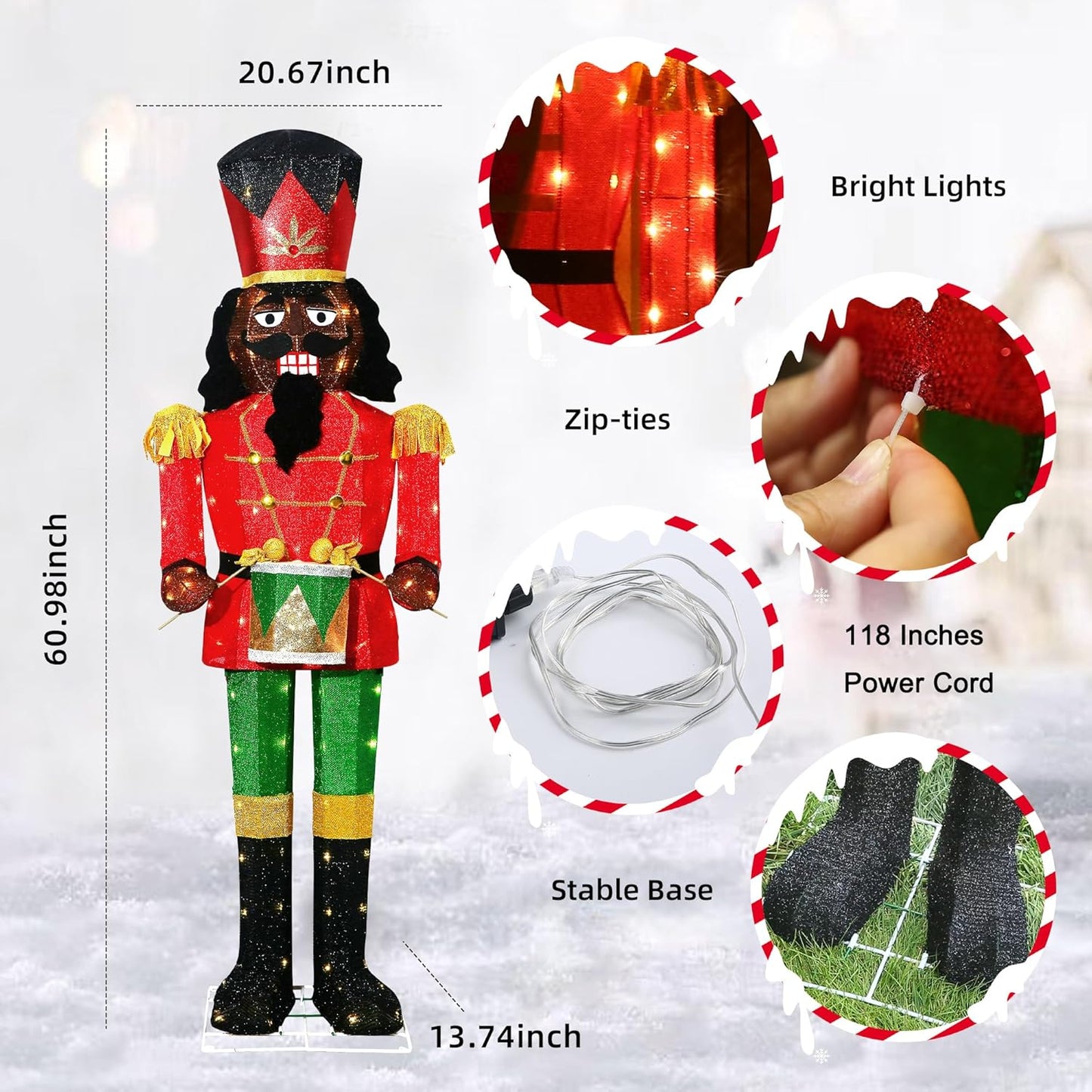 61Inch Nutcracker Christmas Decor Outdoor with LEDs 5 Feet Lighted Large Nutcracker Lighted Christmas Decorations Outdoor with Stakes & Zip Ties for Xmas Yard, Porch, Lawn