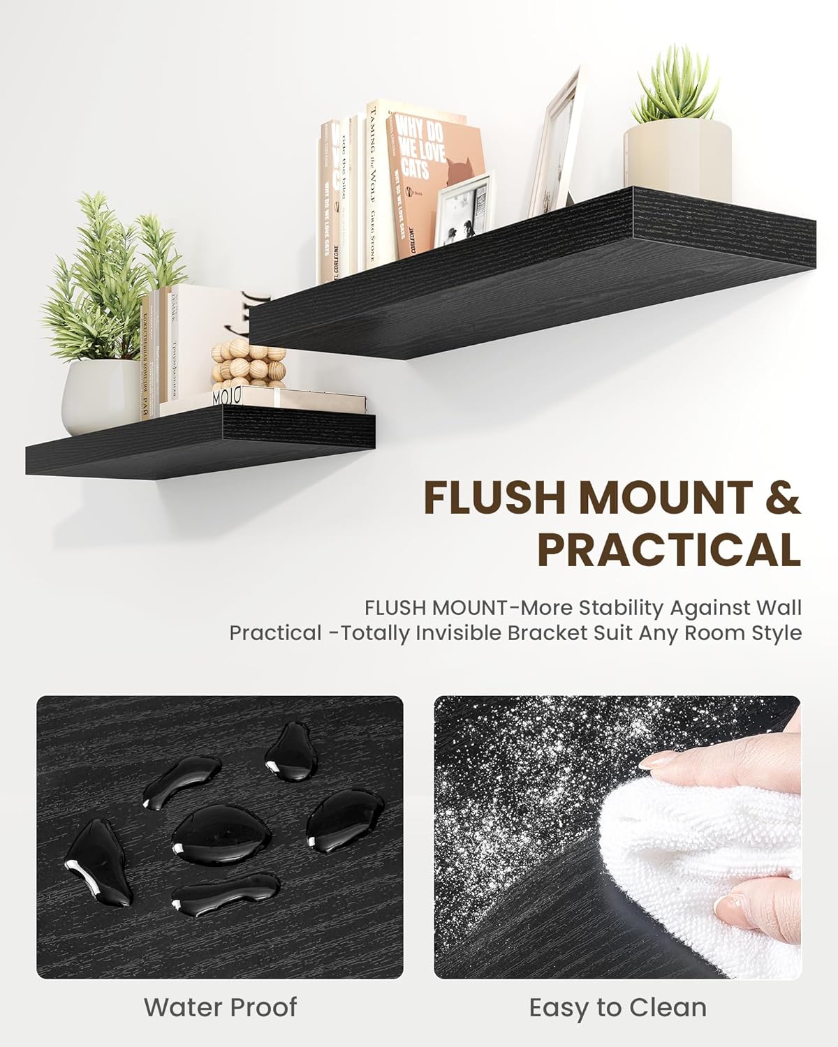 Marsmiles 48" Floating Shelves for Wall, Wooden Shelves with Invisible Brackets Set of 2, Rustic Farmhouse Wall Mounted Shelf for Kitchen Bathroom Living Room Study, Black