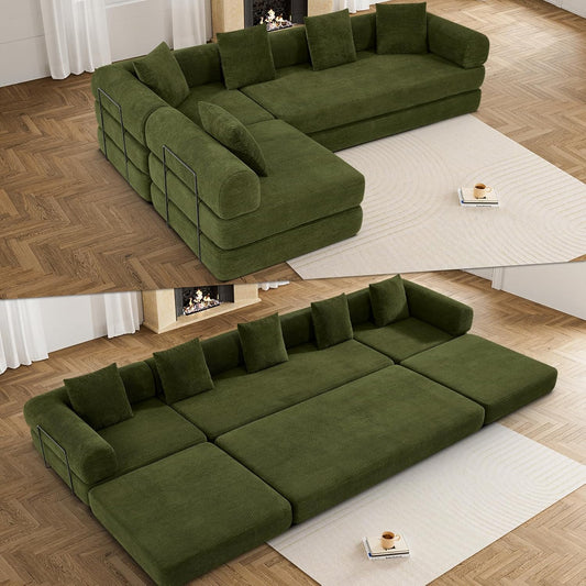 Convertible Sleeper Sofa Bed Set with Pillow, 4-in-1 Corduroy Folding Mattress Boneless Couch with Fixed-Shape Frame, Fold Out Floor Sofa Cama Lounge Couch for Living Room, Olive Green