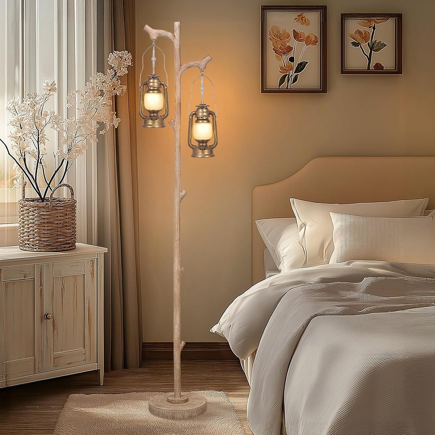 Scenekoy Vintage 68” Tall Floor Lamp with Lanterns, Retro Standing Lamp Tree Trunk Finish & Resin Body, Rustic Dimmable Corner Lamp Stand Up Light with Bulb Prefer for Living Room Bedroom Home Decor