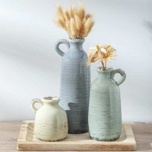 Ceramic Vase Set of 3 | Neutral Vase Home Decor with Handle | Pottery Modern Farmhouse Vases Pampas Grass Flower Vases for Home Decor Table Living Room Centerpieces Mantel Decor - Multicolor