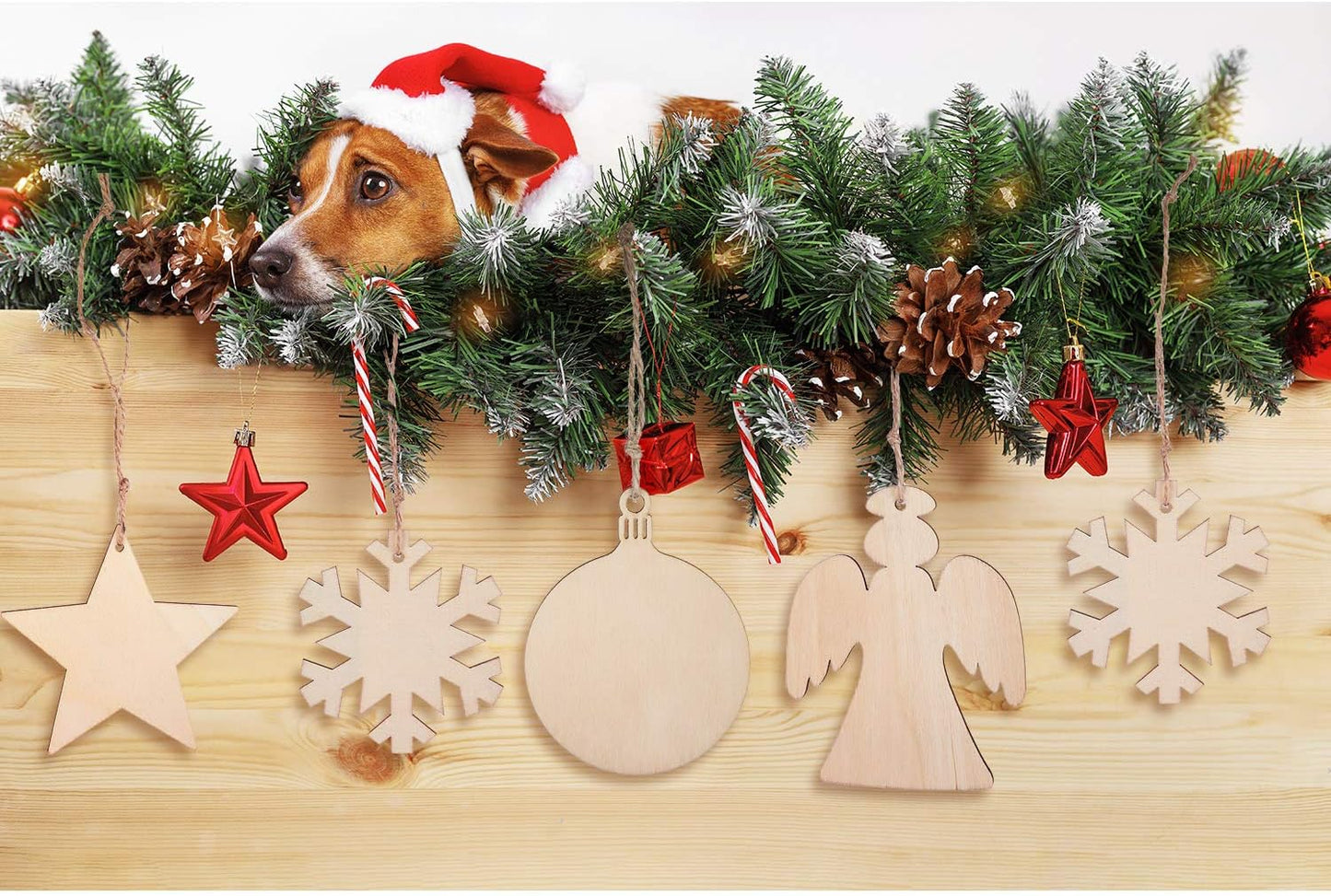 Blulu 60 Pieces Christmas Wooden Ornaments Round Wood Slices Snowflake Angel Shape with Cords for DIY Crafts New Year Christmas Tree Pendant Ornaments