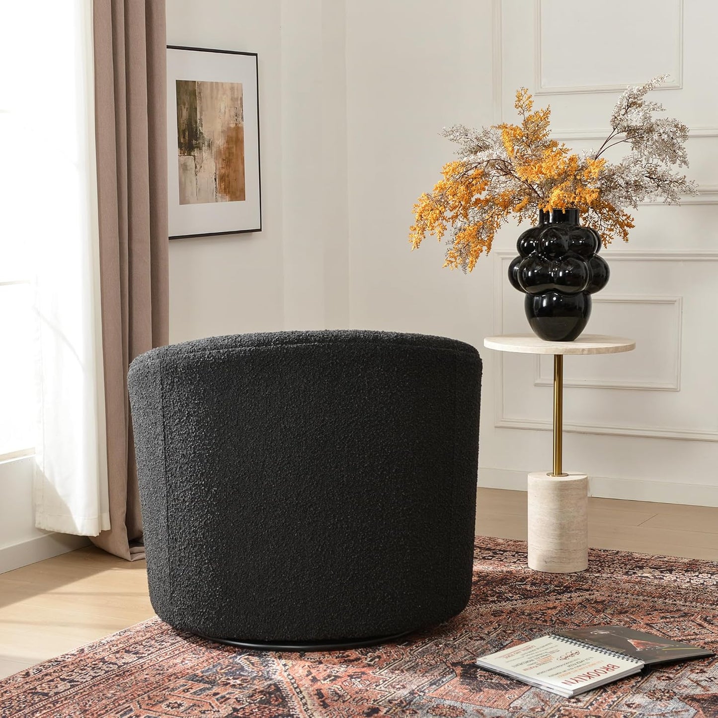 KINWELL 34" W Mid Century Modern Swivel Barrel Chair, Round Upholstered Boucle Swivel Accent Chairs, No Assembly Sofa Chair for Living Room Bedroom Reading Apartment Lounge Nursery(Black)