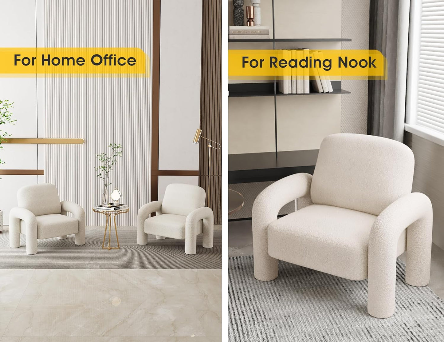 Modern Sherpa Accent Chair, Teddy Upholstered Arm Single Sofa, Cozy Fluffy Reading Chair for Living Room, Bedrooms, Corner (Cream White)