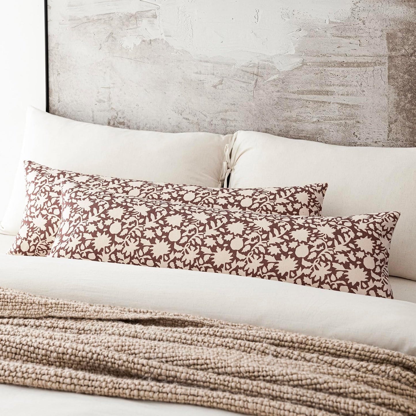 Foindtower Set of 2 Decorative Long Body Lumbar Throw Pillow Covers Accent Farmhouse Cushion Covers Boho Neutral Pillowcase for Couch Sofa Bedroom Living Room Home Decor Outdoor,14×36 Inch,Wine Red