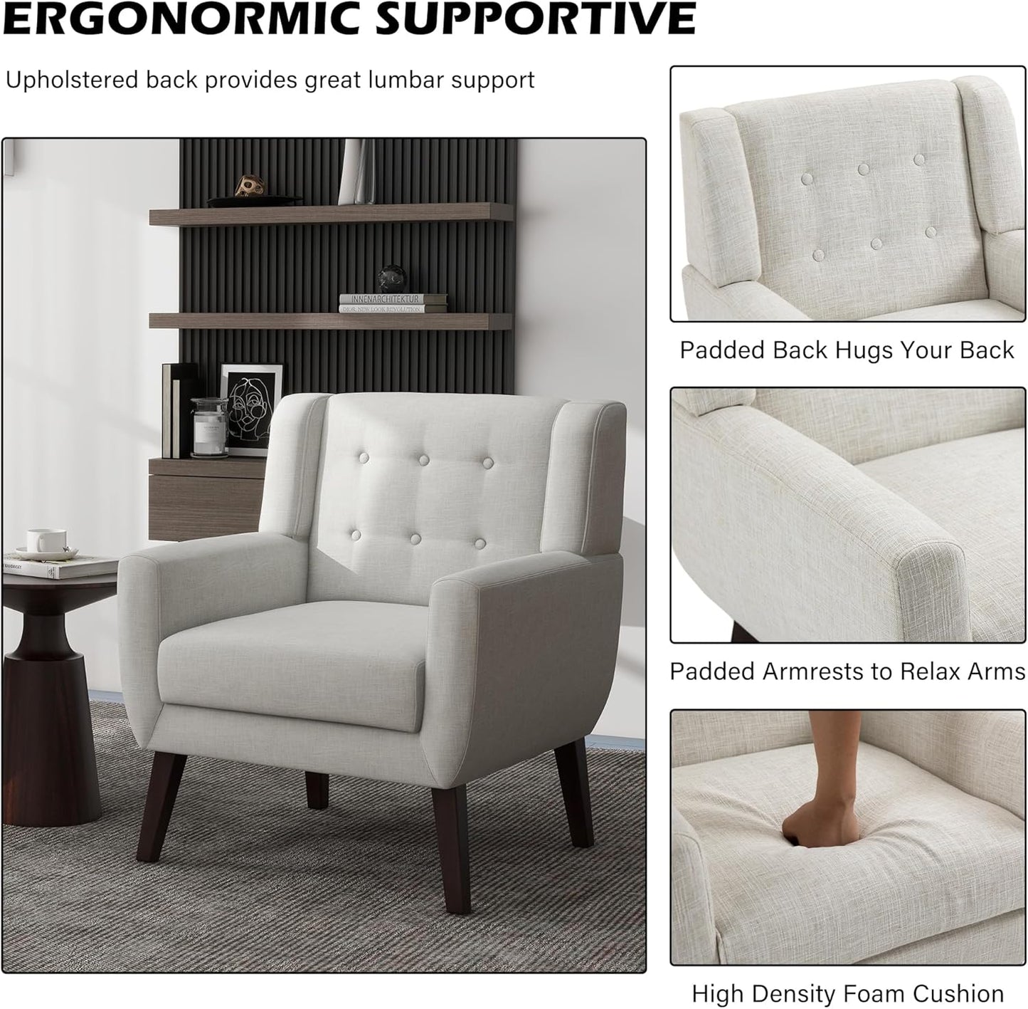 UIXE Accent Chair Modern Upholstered Armchair, Comfy Living Room Arm Chairs Mid Century Single Sofa Reading Side Seat for Bedroom, Home Office - Beige