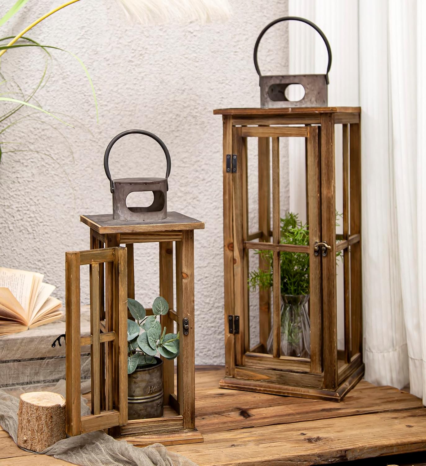 TIMRIS Large Farmhouse Wooden Metal Lantern Set of 2, Rustic Decorative Floor Candle Lanterns, Vintage Distressed Hanging Lanterns for Home Décor (No Glass)