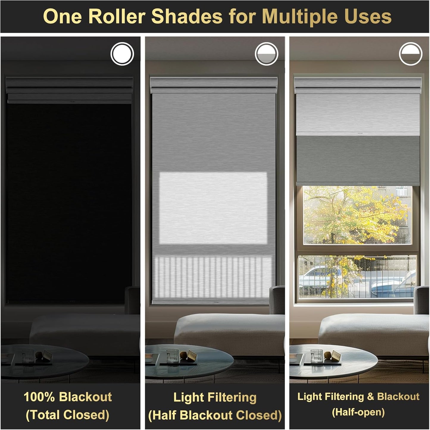 BERISSA Cordless Dual Roller Shades with Cassette Valance, Blackout and Light Filtering Day and Night Shades for Home Office, Door. Grey and White. 55 W x 64" H