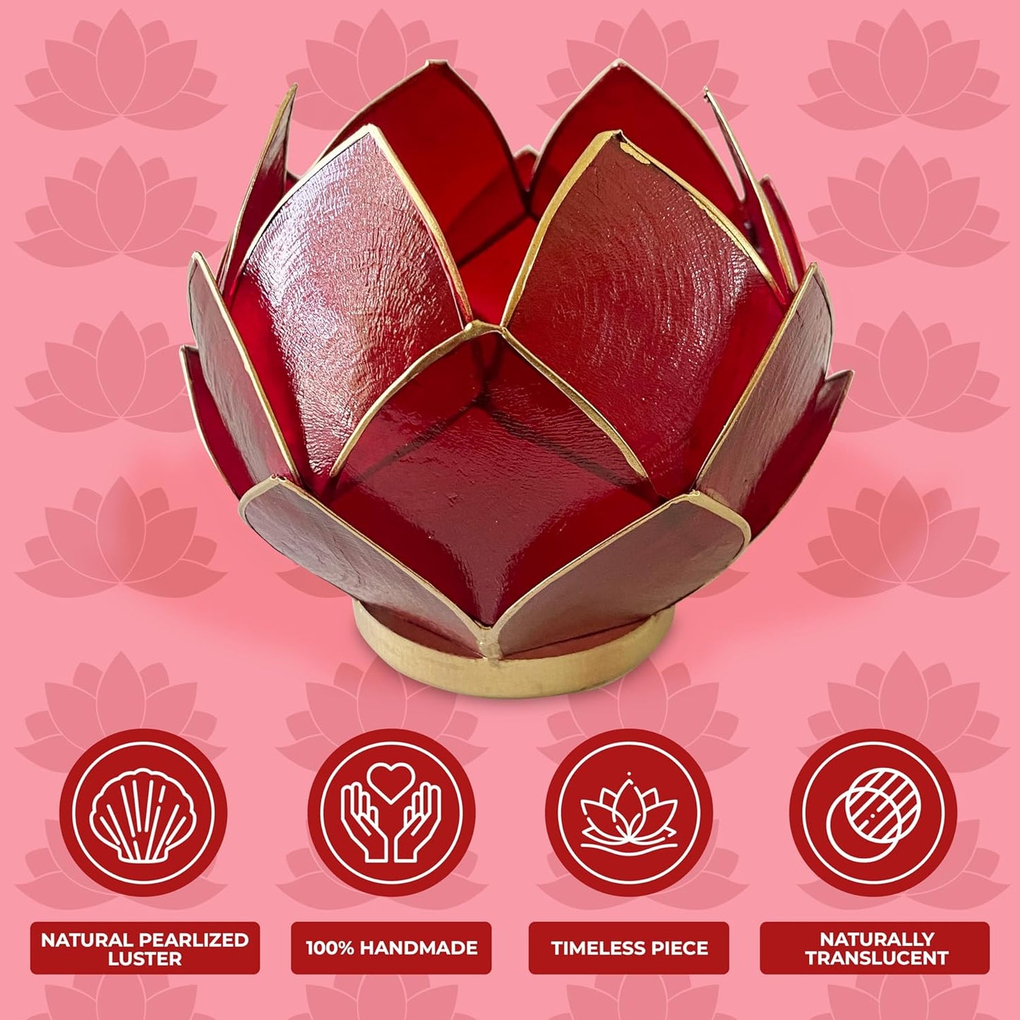 Blooming Lotus Capiz Shell Tealight Candle Holder, Handcrafted Decorative Tea Light Candleholder with Translucent Flower Petals for Ambient Illumination and Natural Elegance, Red