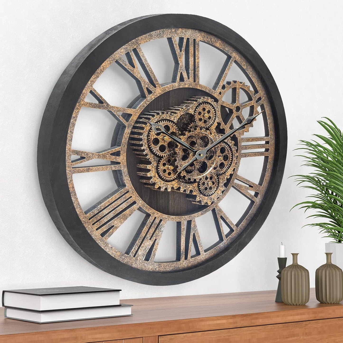 HOIBAI Large Wall Clock, Wall Clocks for Living Room Decor 20 Inch Farmhouse Vintage Rustic Kitchen Wall Decor Vintage Roman Oversized Wall Clock for Home Bedroom House Office, Moving Gears Clock
