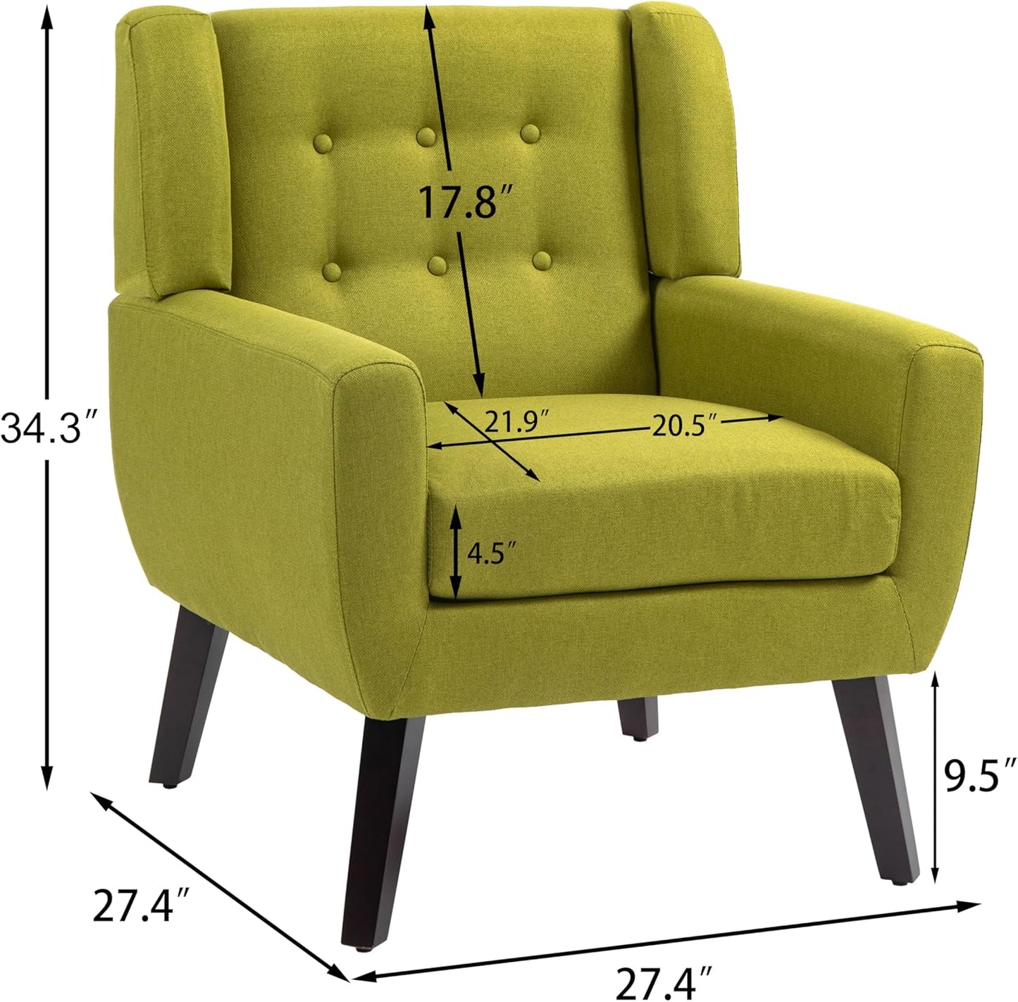 UIXE Accent Chairs Set of 2, Modern Upholstered Arm Chair, Mid-Century Club Armchair Comfy Single Lounge Sofa Button Tufted Living Room Reading Seat Bedroom Side Sitting for Home Office,Green