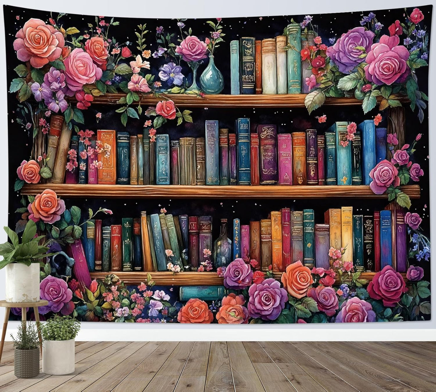 HVEST Bookshelf Tapestry Pink Floral Green Leaf Watercolor Plant Botanical Aesthetic Tapestry Wall Hanging Vintage Library Book Wall Decor for Bedroom Living Room Dorm, 40L x 60W Inches