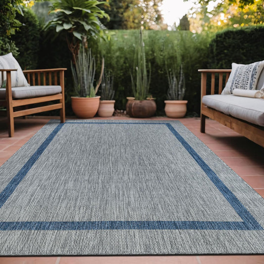 Bordered Outdoor Rug 10x14 Washable Outside Carpet for Indoor Patio Porch Waterproof Easy Cleaning Non Shedding Area Rugs Silver Gray - Blue 10 x 14