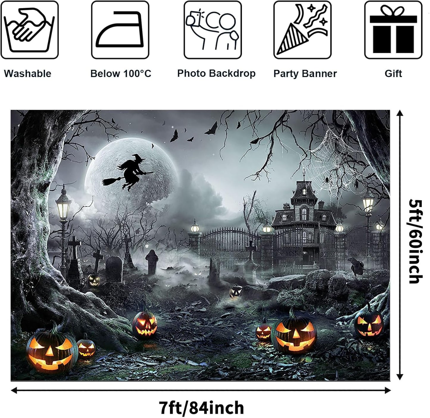 Avezano Halloween Photography Backdrop Full Moon Scary Night Castle Pumpkins Party Background Spooky Witch Bats Cemetery Child Kids Halloween Party Decorations Photoshoot Backdrops (7x5ft, Gray)