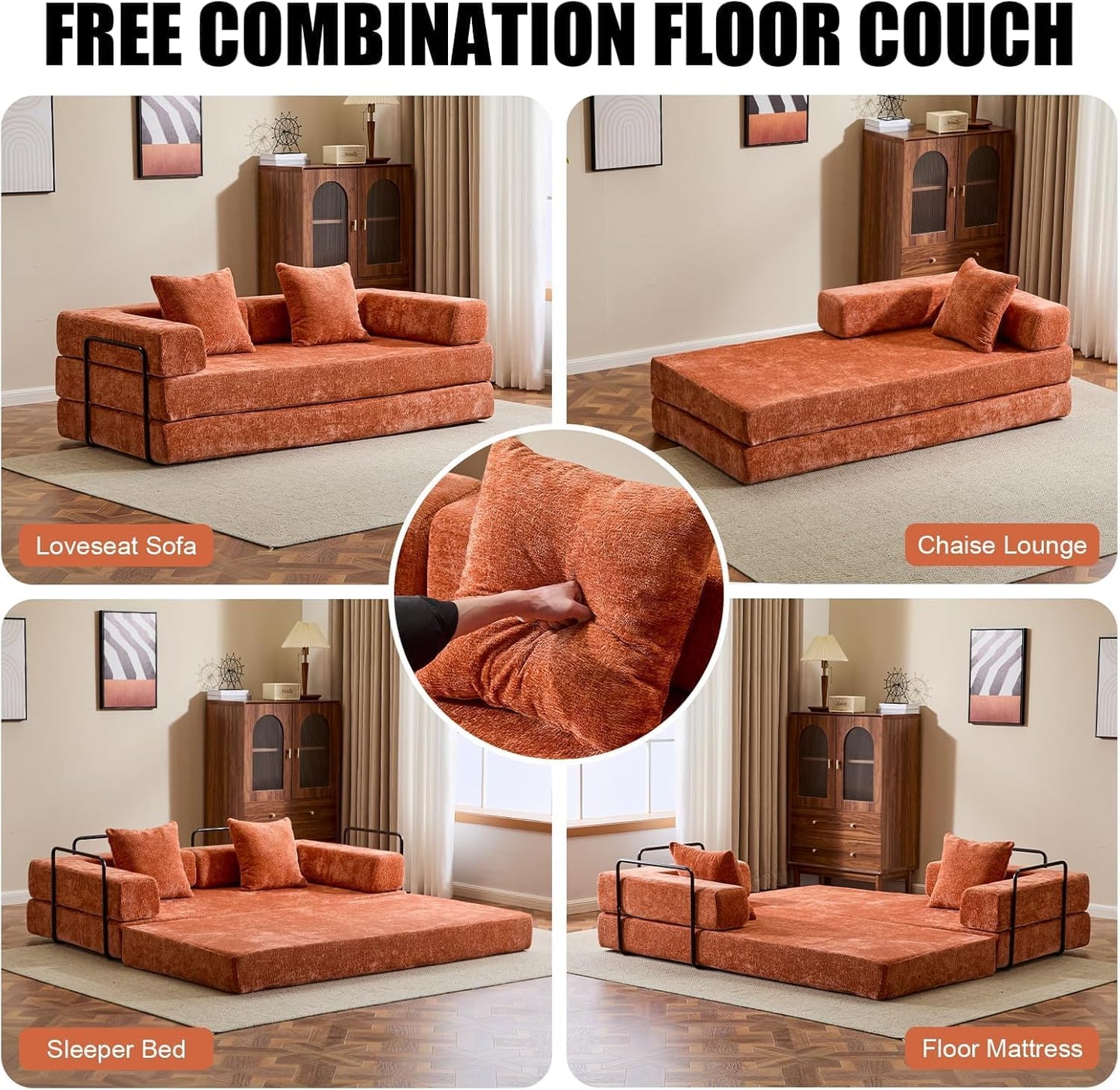 Convertible Sleeper Sofa Bed, Compression Folding Sofa with Pillow, No Assembly Required, Shape Frame, Floor Sofas Lounge Couch for Living Room, Bedroom, Small Spaces (Chenille, 77''W, Orange)