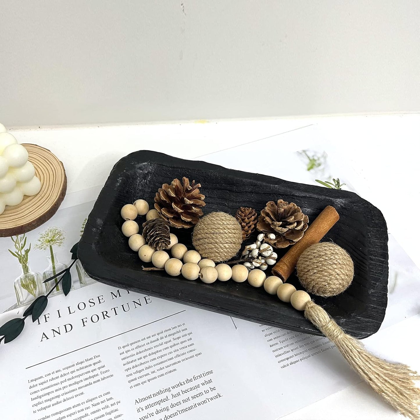 Wooden Dough Bowl Decor, Vintage Wooden Bowl Hand Carved Home Decor for Dining Table Center, Living Room, Kitchen Decor. (10inch black)