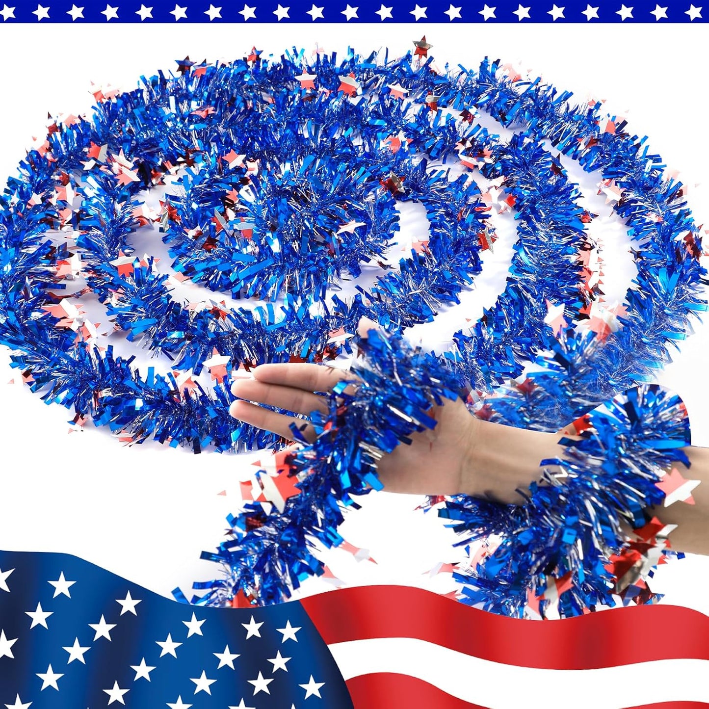 4th of July Patriotic Tinsel Garland Decoration 33FT, Red White and Blue Tinsel Garland with Shiny Star Metallic Garlands,Independence Day Memorial Day Decor for Home Indoor Outdoor